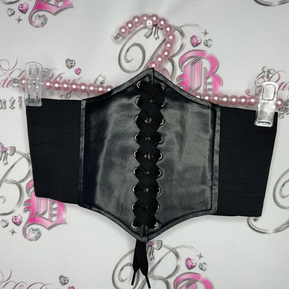 Corset belt waist cinch Velcro one size fits all black silver bustier lace up